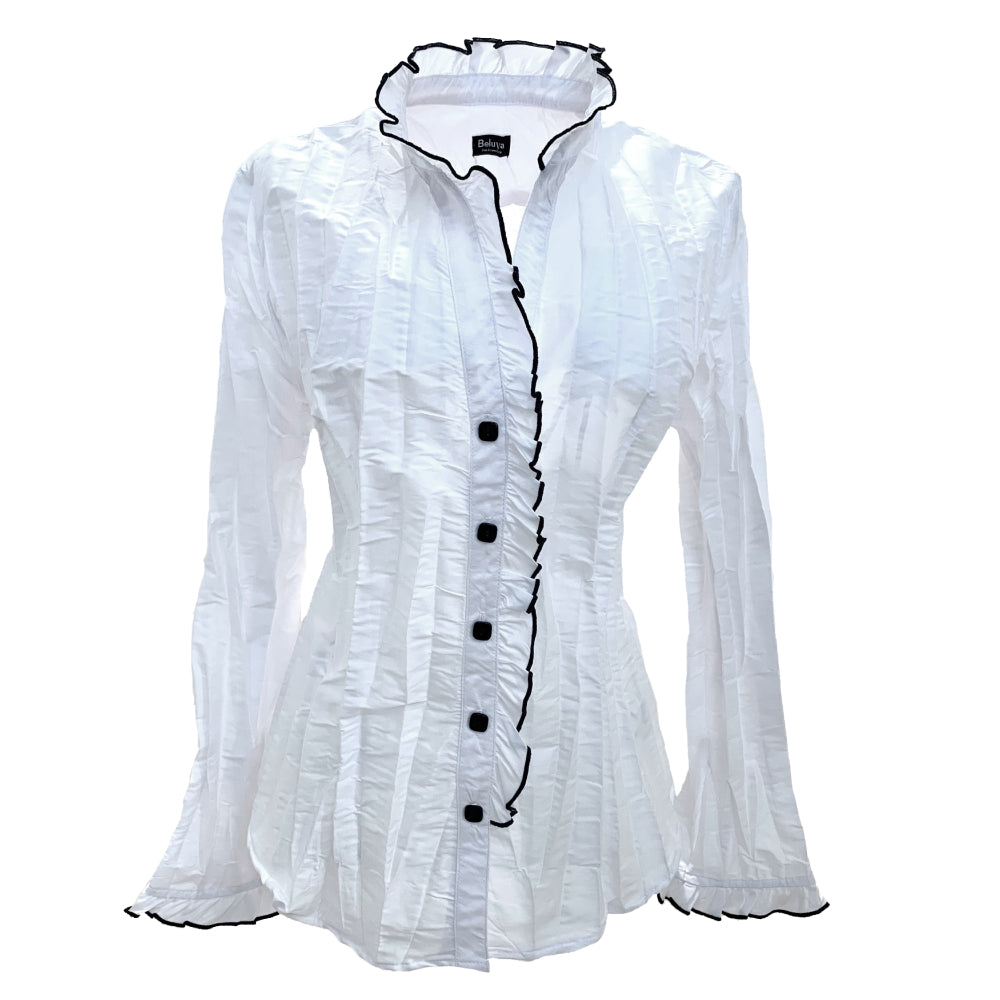 The blouse has a pure white body and a ruffle trim around the collar, along the button line and also as the trim of the sleeves. The body of the shirt is pure white and trim and buttons are in contrasting black.