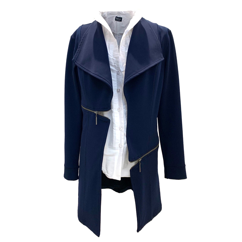 The jacket has a loose fit with 2 decorating zipper trims and easy wide collar. Color is dark navy and the jacket is shown with a white blouse.