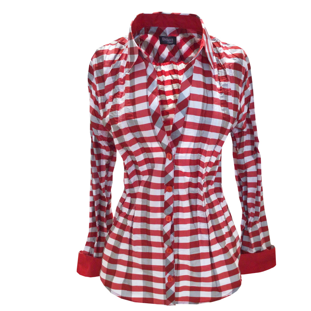 White Red check colored blouse with red accent cuffs and red fitting in the collar. Buttons are red.