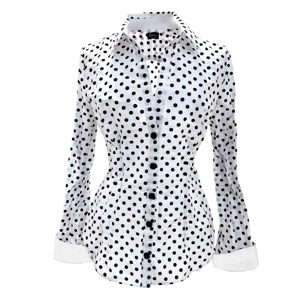 White blouse with black dots, cuffs and inner lining of collar is white, buttons are black.